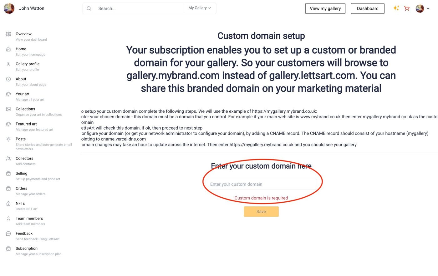 Choose your custom domain. LettsArt will check its OK!