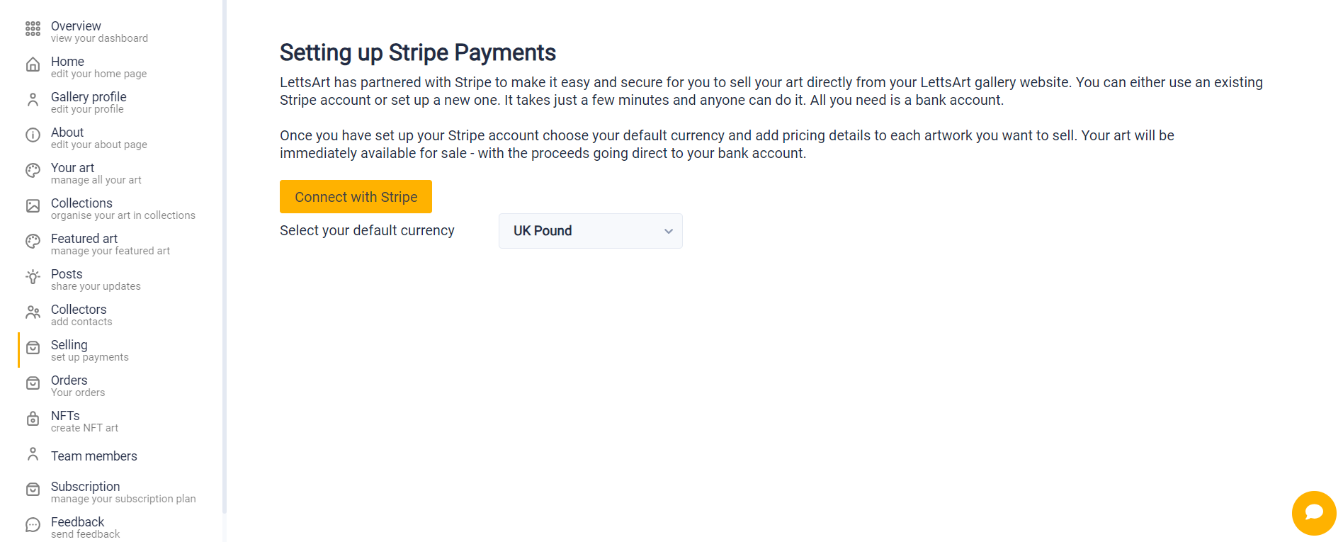 3. Set Up Payments with Stripe — LettsArt interface