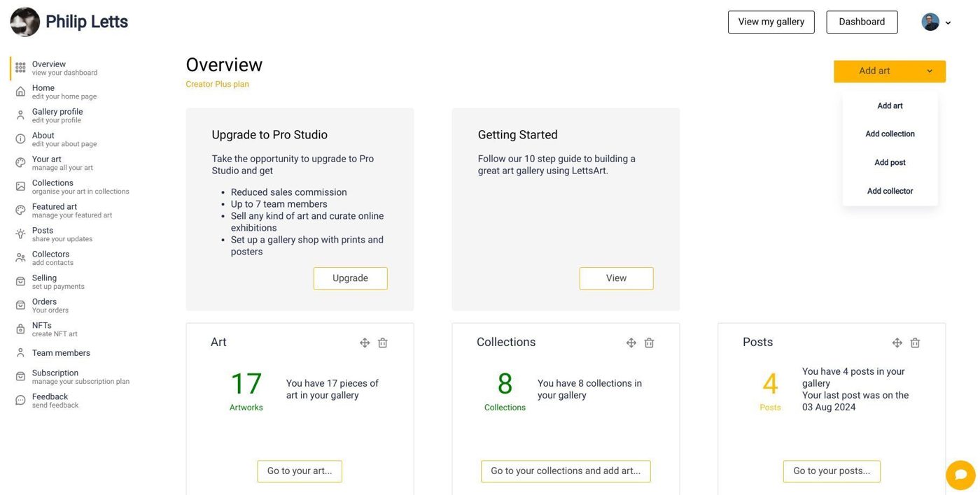 To start selling art - click 'Selling' in the left side of your dashboard menu
